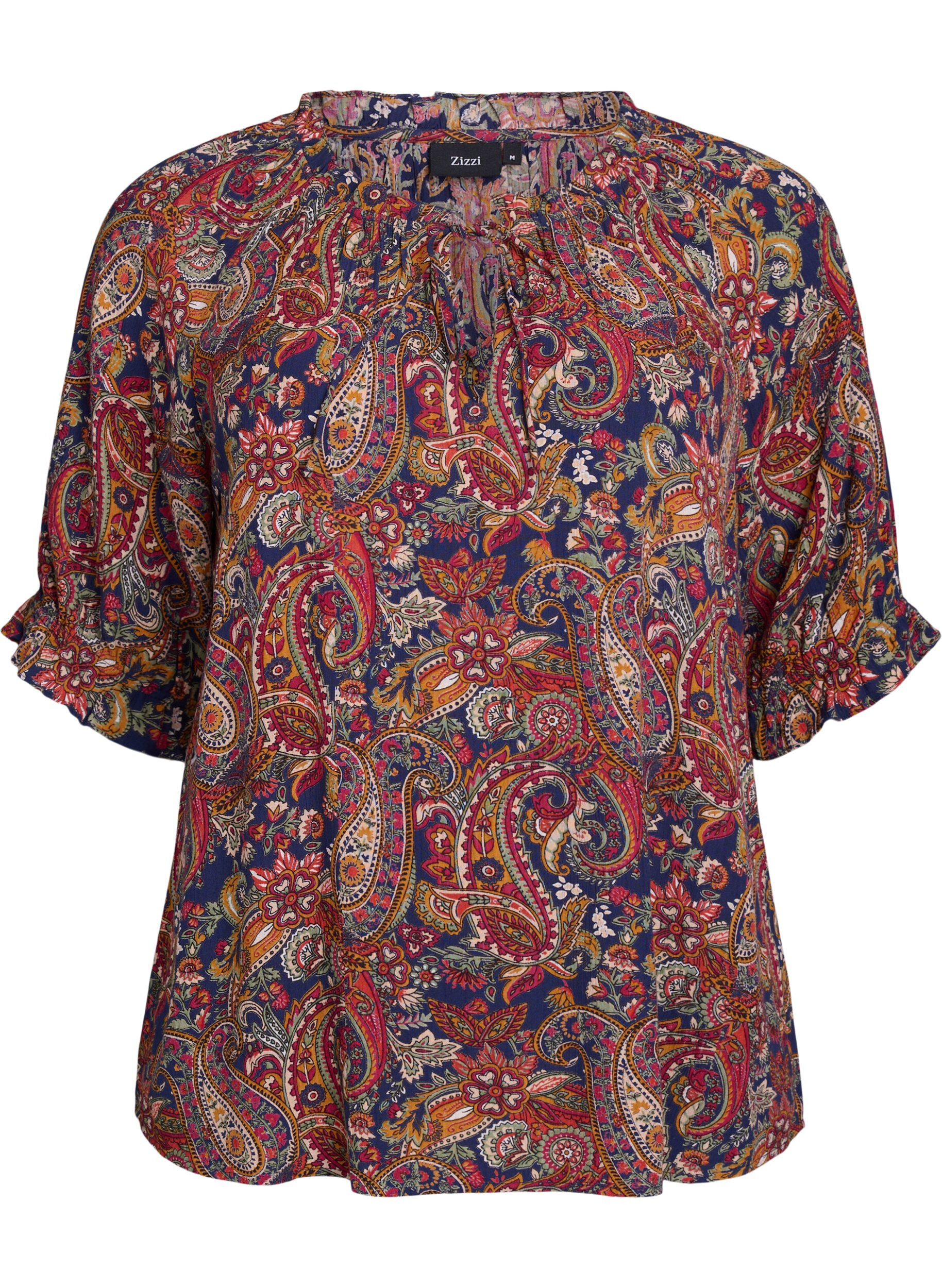 ZizziBlouse en viscose &agrave; imprim&eacute; paisley et manches coudes, Bleu, Packshot image number 0