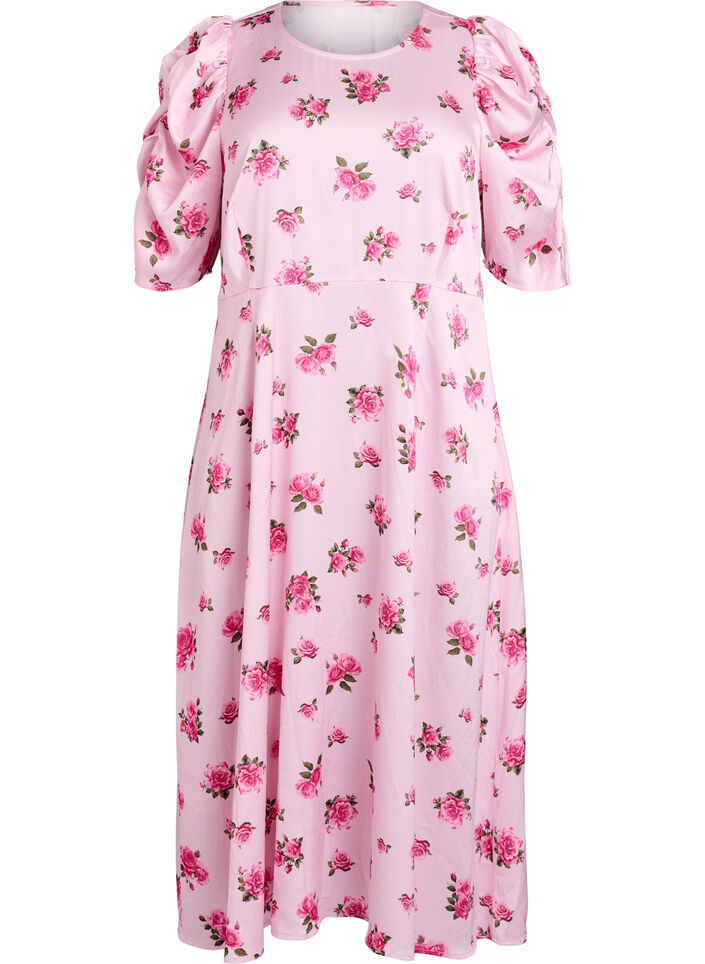 Midi-jurk met bloemen en pofmouwen, Roze, Packshot image number 0
