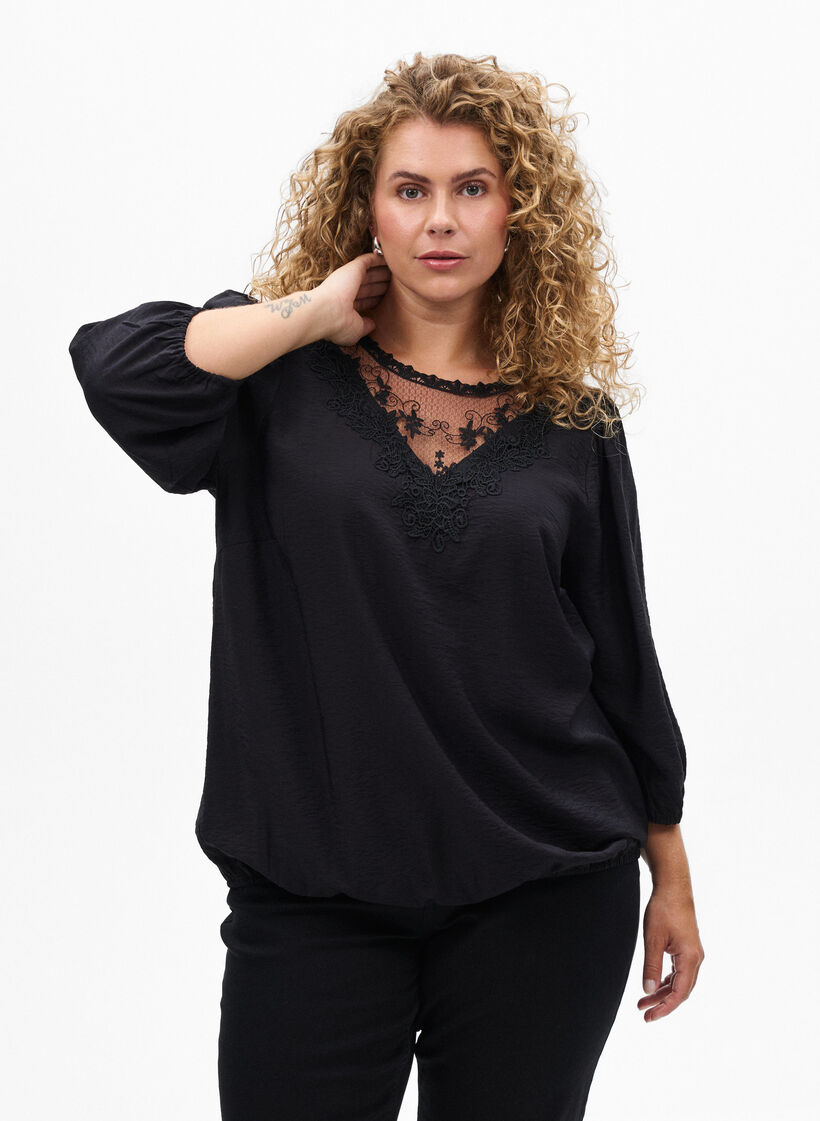 Blouse met 3/4 mouwen en kantdetails, Zwart, Model image number 0