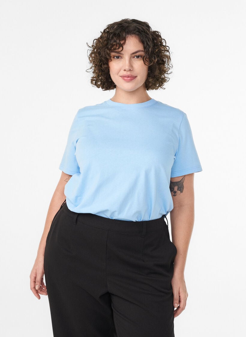 Basic katoenen T-shirt met ronde hals, Blauw, Model image number 0