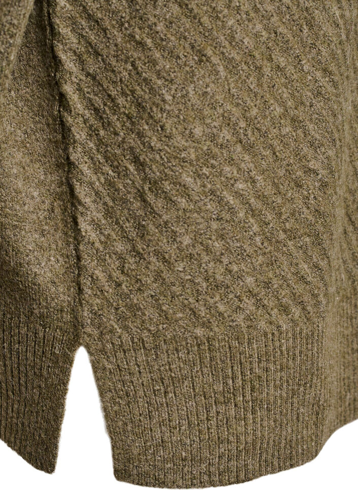 Blouse en maille avec motif côtelé en V et fentes, Vert Kaki, Packshot image number 3