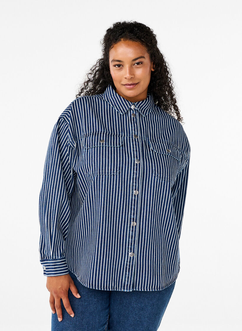 Effen denim overhemd met borstzakken, Blue Denim Stripe, Model image number 0