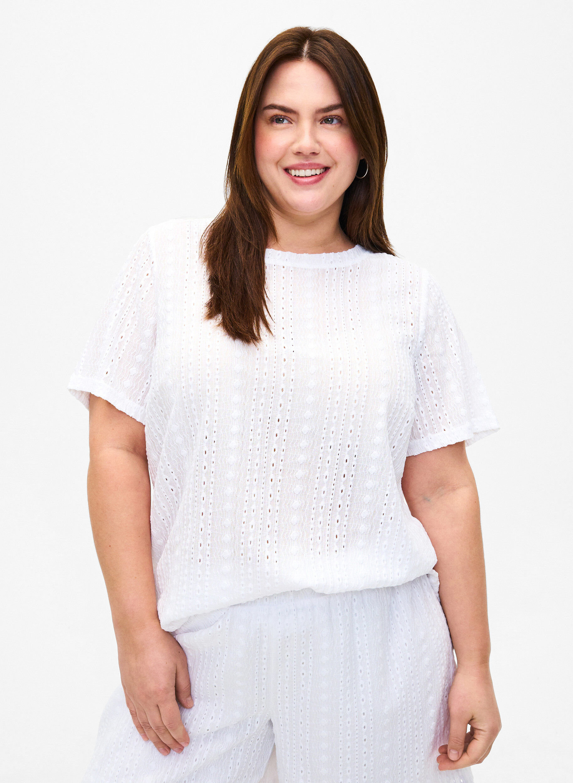 ZizziBlouse met korte mouwen en getextureerd patroon, Bright White, Model image number 0