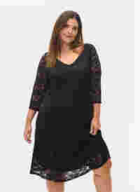 Kanten jurk met 3/4 mouwen, Black, Model