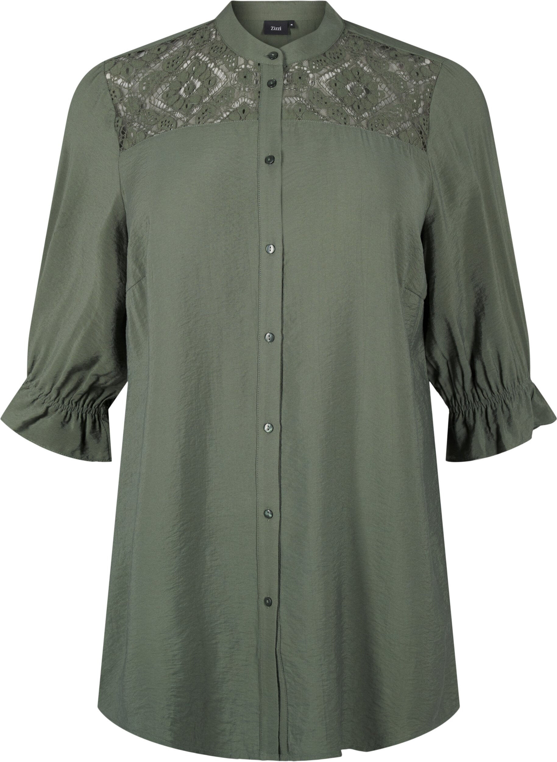 ZizziLang viscose shirt met kanten detail, Thyme, Packshot image number 0