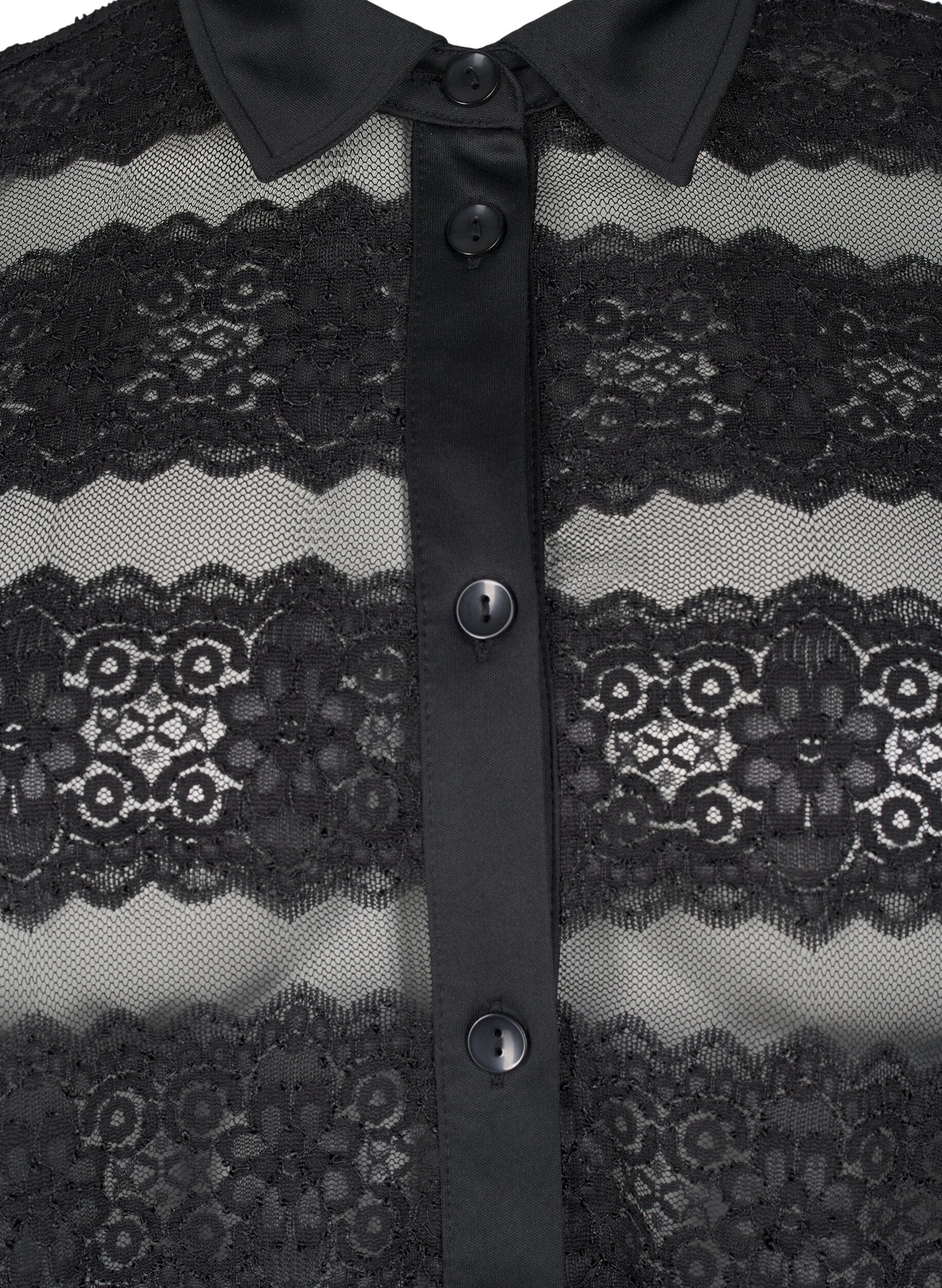 ZizziLosse blouse met kant en doorschijnend mesh, Black, Packshot image number 2