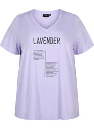T-shirt en coton avec col en V avec texte, Lavender w. Text, Packshot