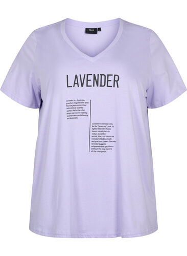 T-shirt en coton avec col en V avec texte, Lavender w. Text, Packshot image number 0