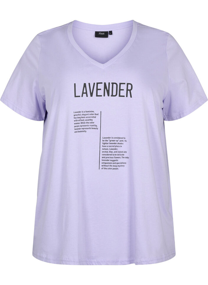 Katoenen t-shirt met v-hals en tekstopdruk, Lavender w. Text, Packshot