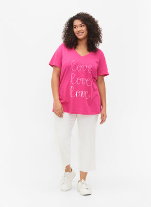 T-shirt en coton avec col en V et imprimé, Fuchsia Purple Love, Model image number 2