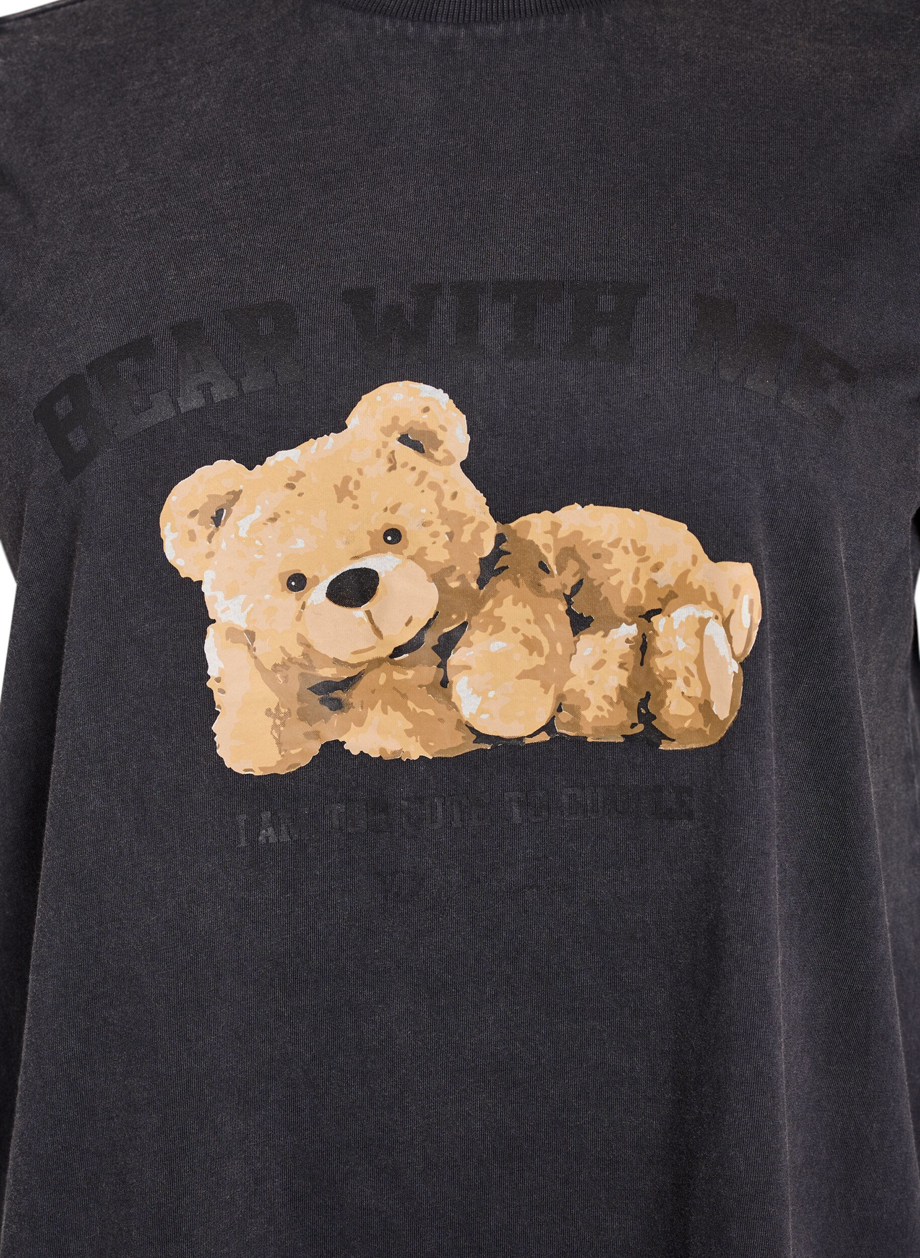 ZizziT-shirt met teddybeerprint en gewassen look, Grijs, Packshot image number 2