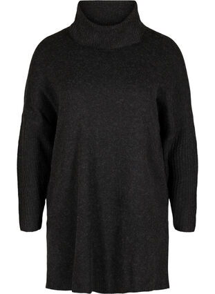 Poncho en tricot chiné avec col roulé et fente, Black, Packshot image number 0