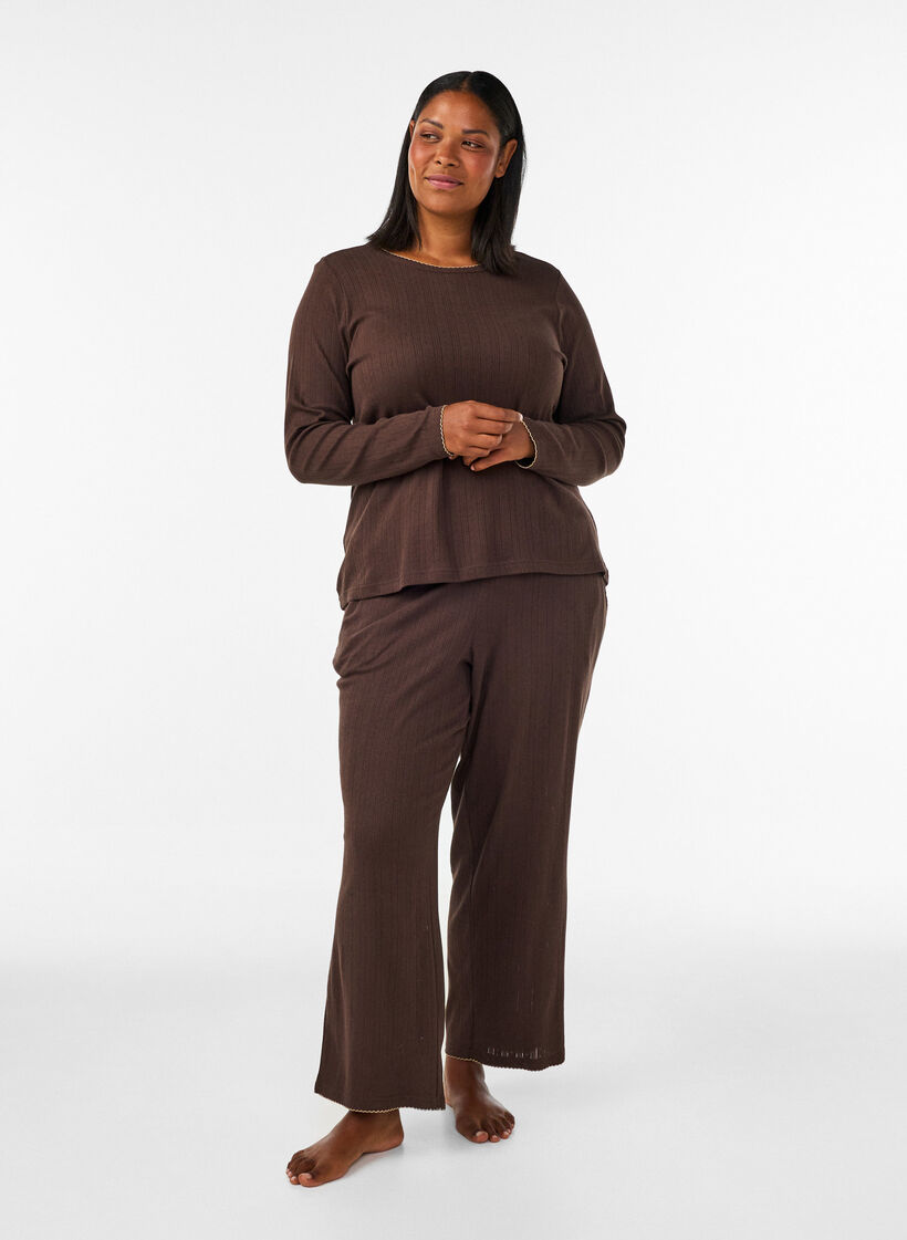 Haut de pyjama en coton biologique avec broderie ajour&eacute;e, Marron, Model image number 1