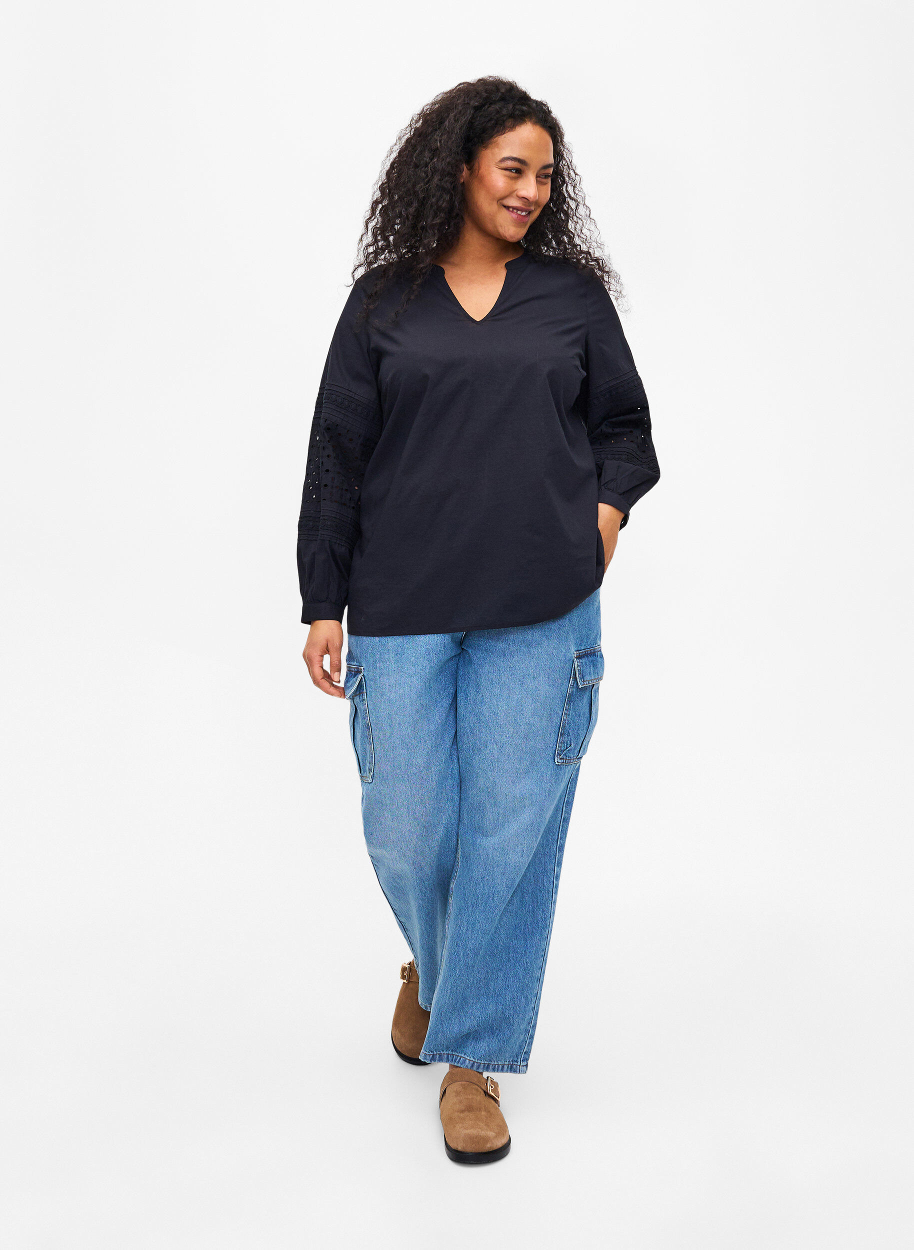 ZizziBlouse met lange mouwen en decoratieve details, Black, Model image number 3