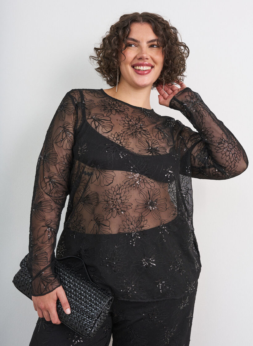 Blouse en mesh avec fleurs et sequins, Noir, Model image number 0