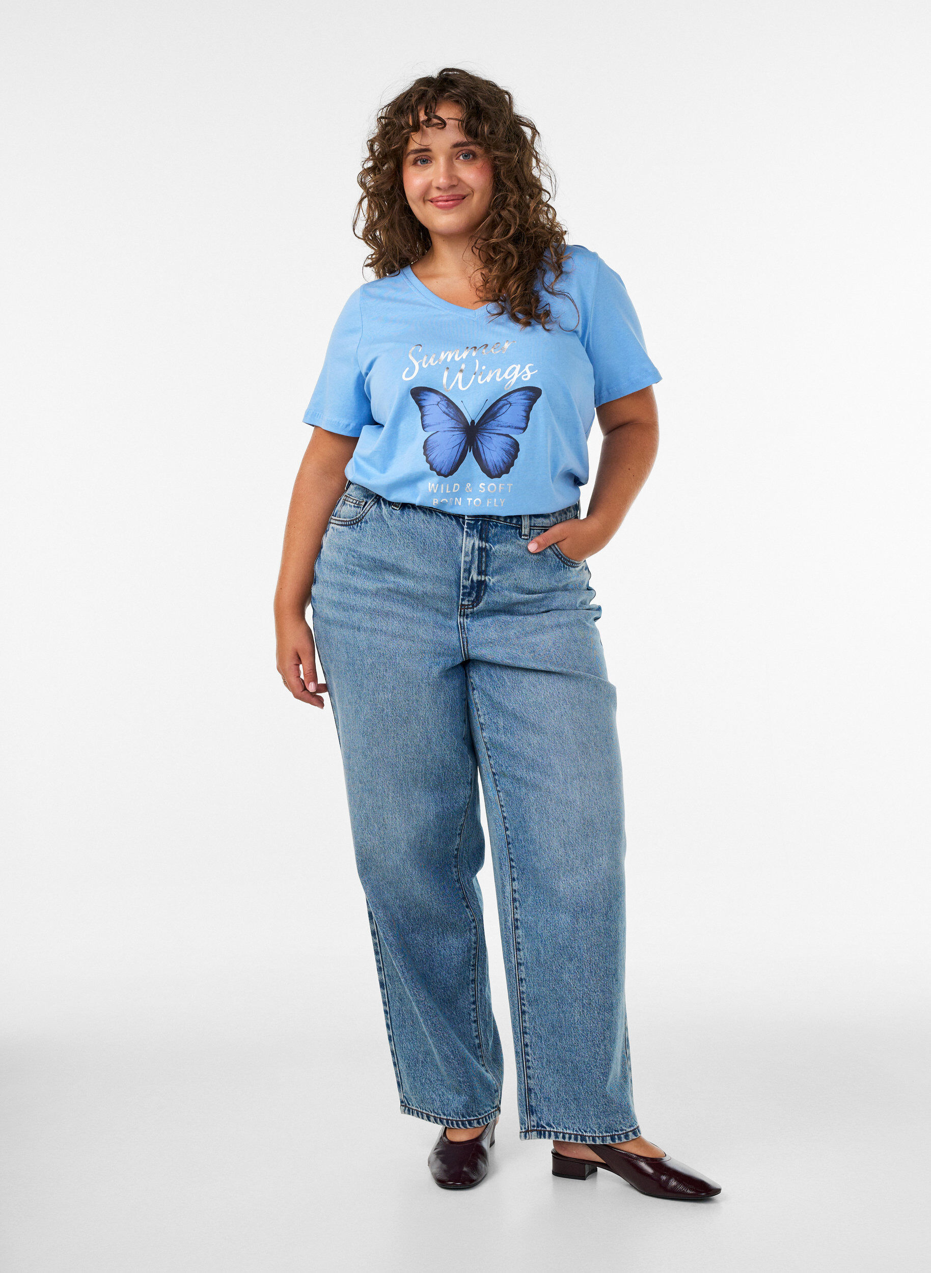 ZizziKatoenen T-shirt met V-hals en print aan de voorkant, Blauw, Model image number 1