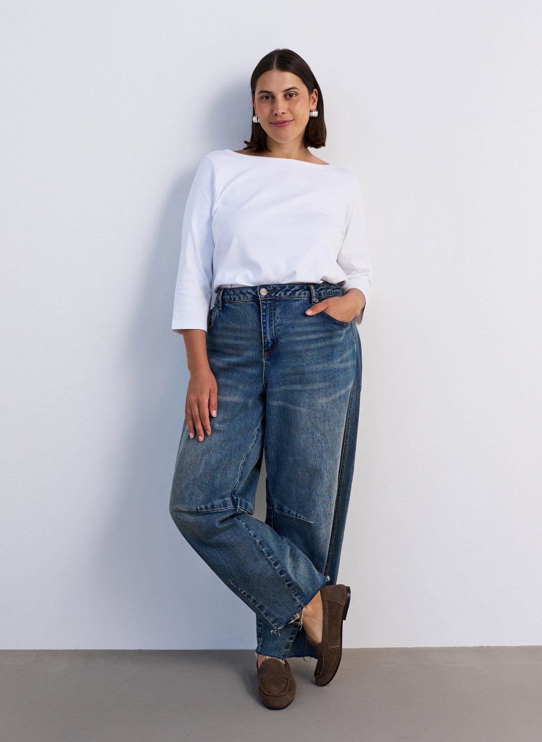 ZizziBasic T-shirt met boothals en 3/4-mouwen, Wit, Model image number 1