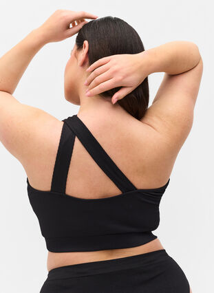 One-shoulder bikinitop in rib, Black, Model image number 1
