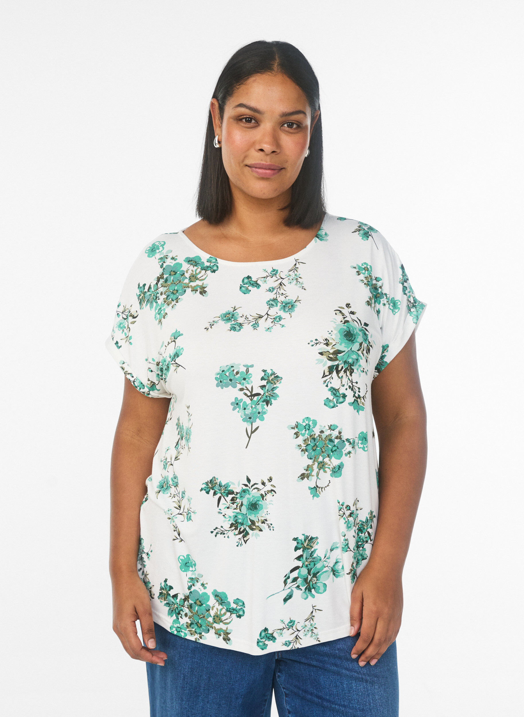 Zizzi T-shirt avec imprim&eacute; floral, Blanc, Model image number 0