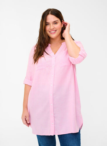 Chemise à col V et poches, Cameo Pink, Model image number 0