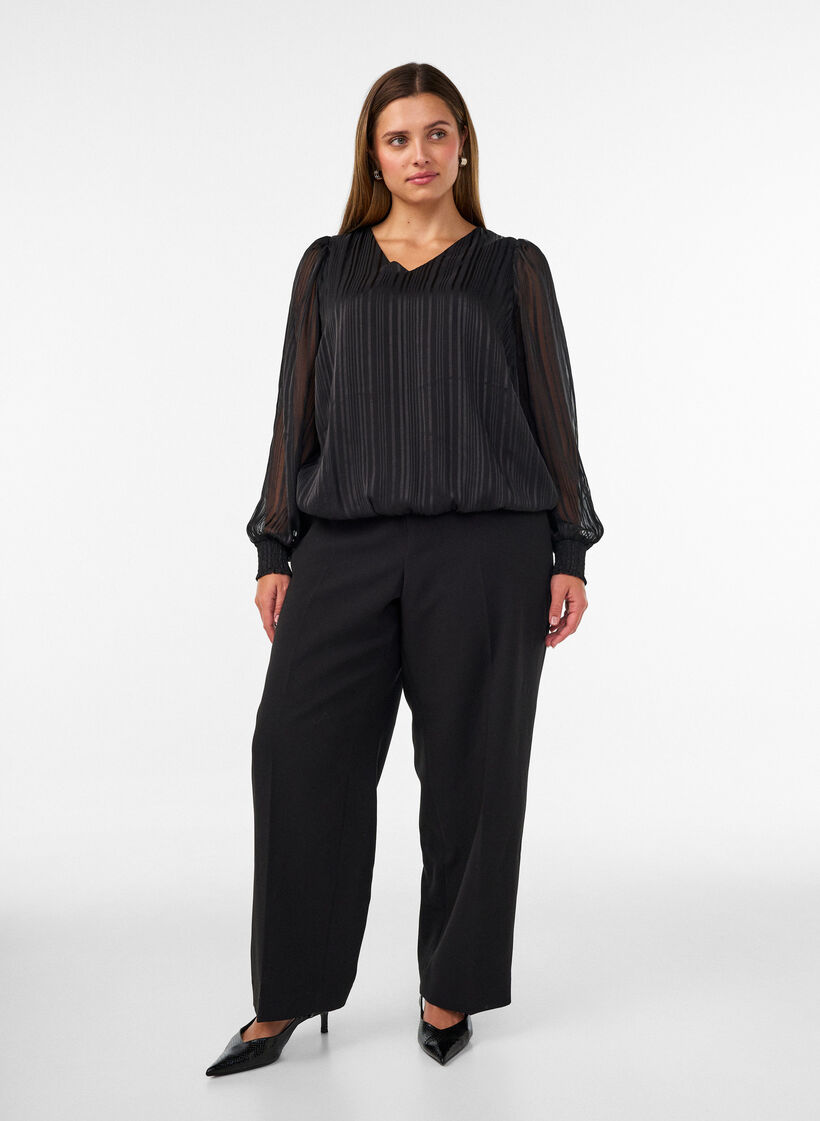 Gestreepte blouse met ballonvorm, Zwart, Model image number 1