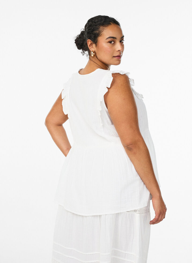 Mouwloze blouse van katoen mousseline met ruches, Wit, Model image number 2