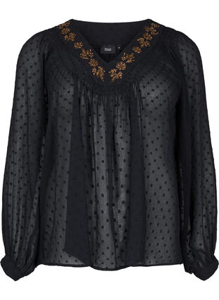 Gestippelde V-hals blouse met parels, Black w. Cobber, Packshot image number 0
