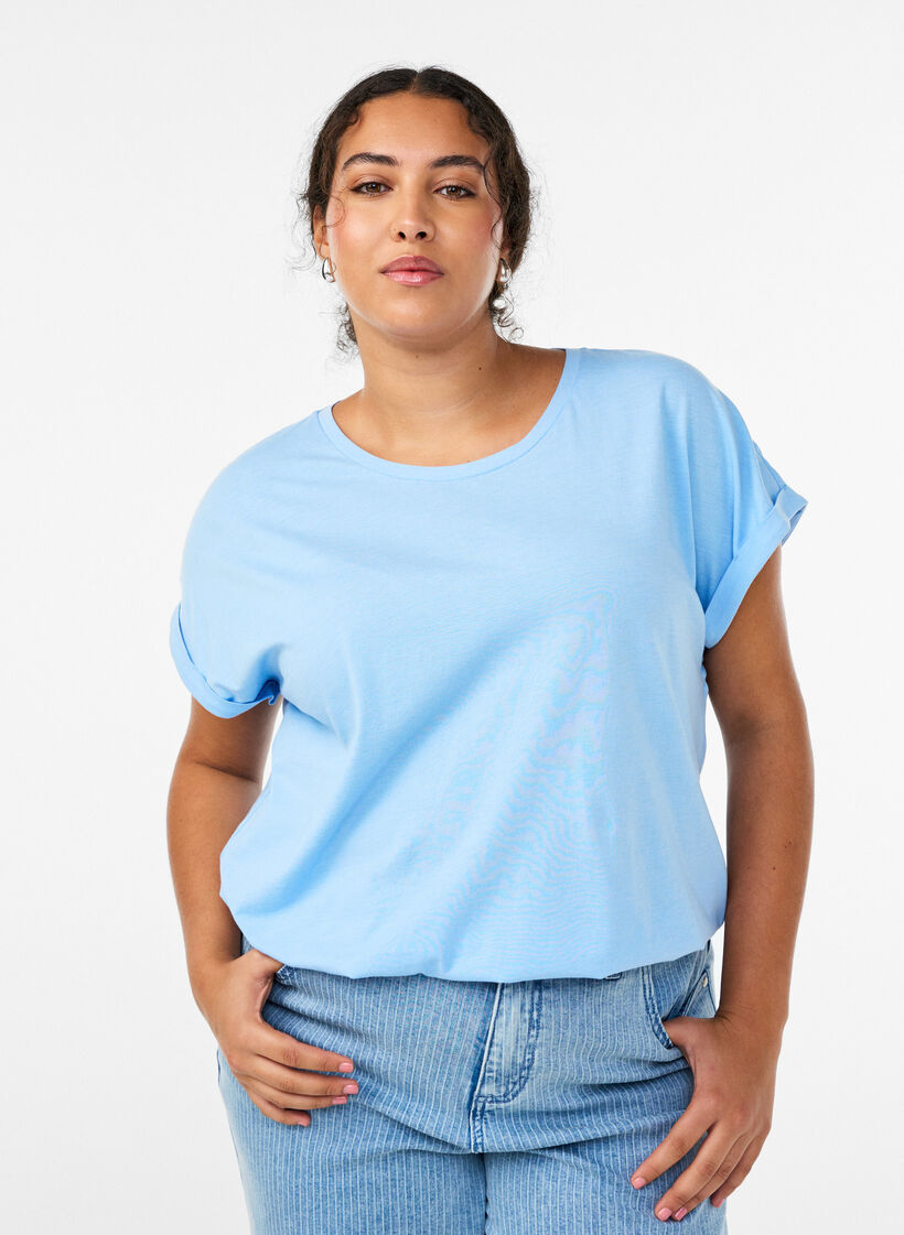 T-shirt met korte mouwen in een katoenmix, Blauw, Model image number 0