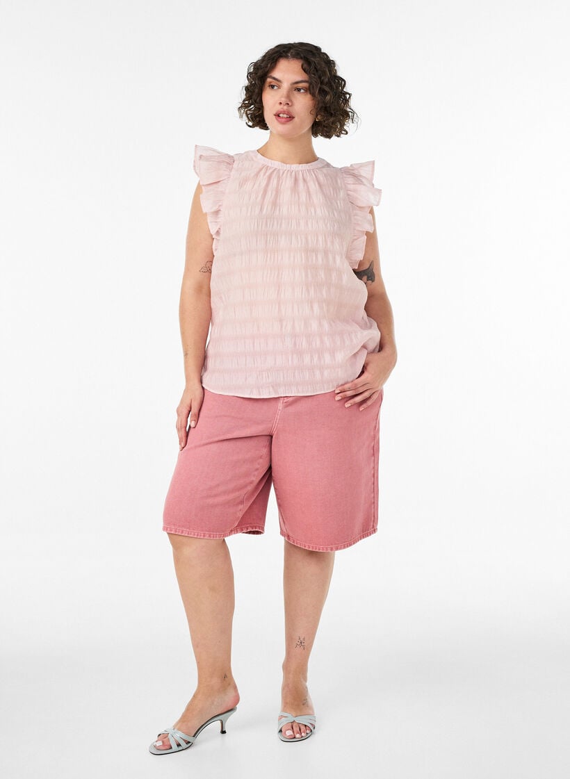 Blouse sans manches textur&eacute;e avec volants, Rose, Model image number 1
