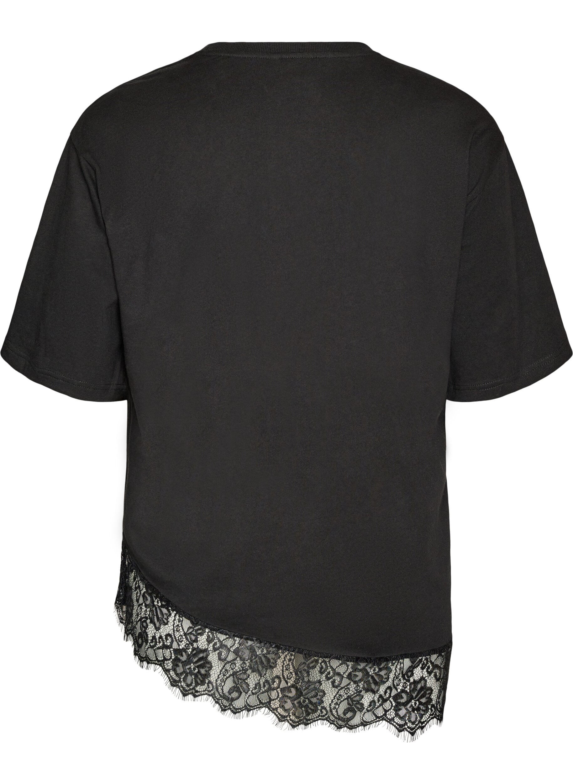 ZizziT-shirt avec ourlet asym&eacute;trique en dentelle, Noir, Packshot image number 1