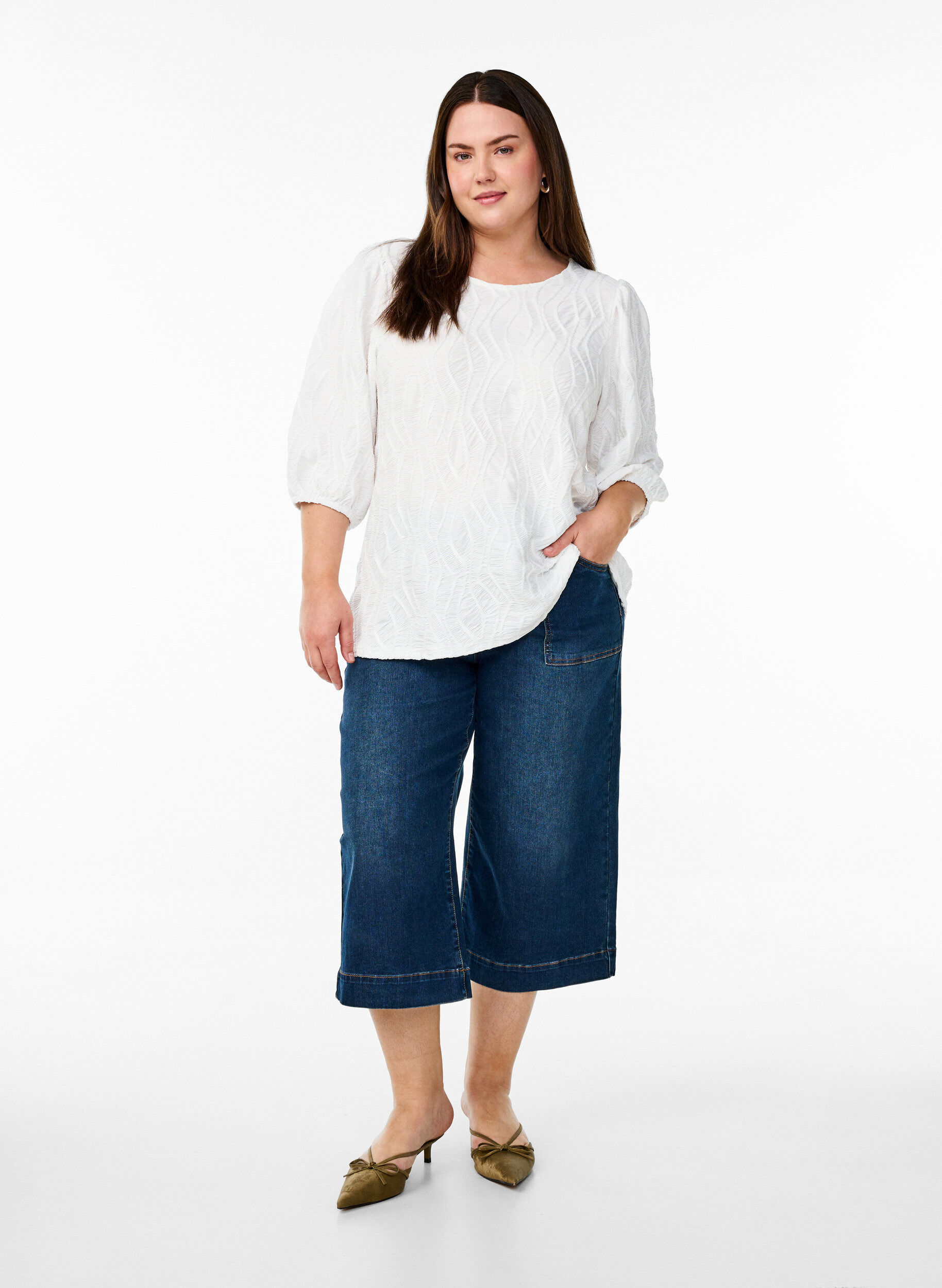 ZizziBlouse met textuur en 3/4 mouwen, Wit, Model image number 1