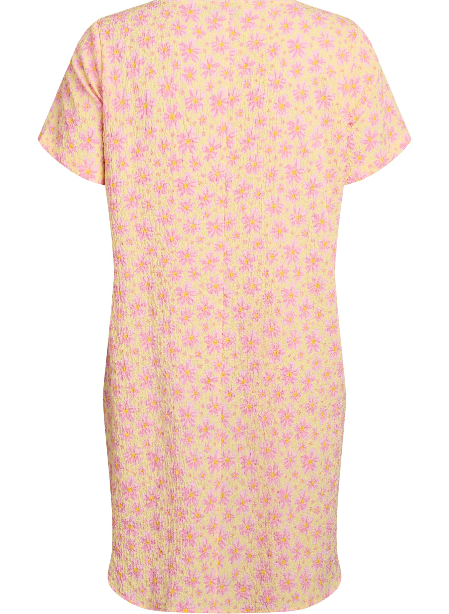 ZizziKorte jurk met een gekreukte textuur en korte mouwen, Geel, Packshot image number 1