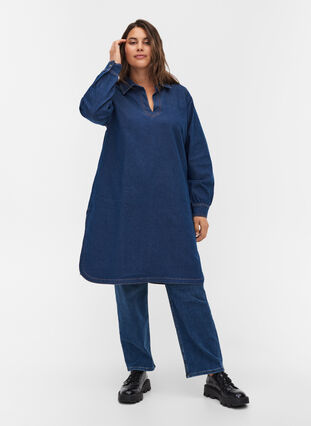 Robe en jean avec fente et col V, Blue denim, Model image number 3