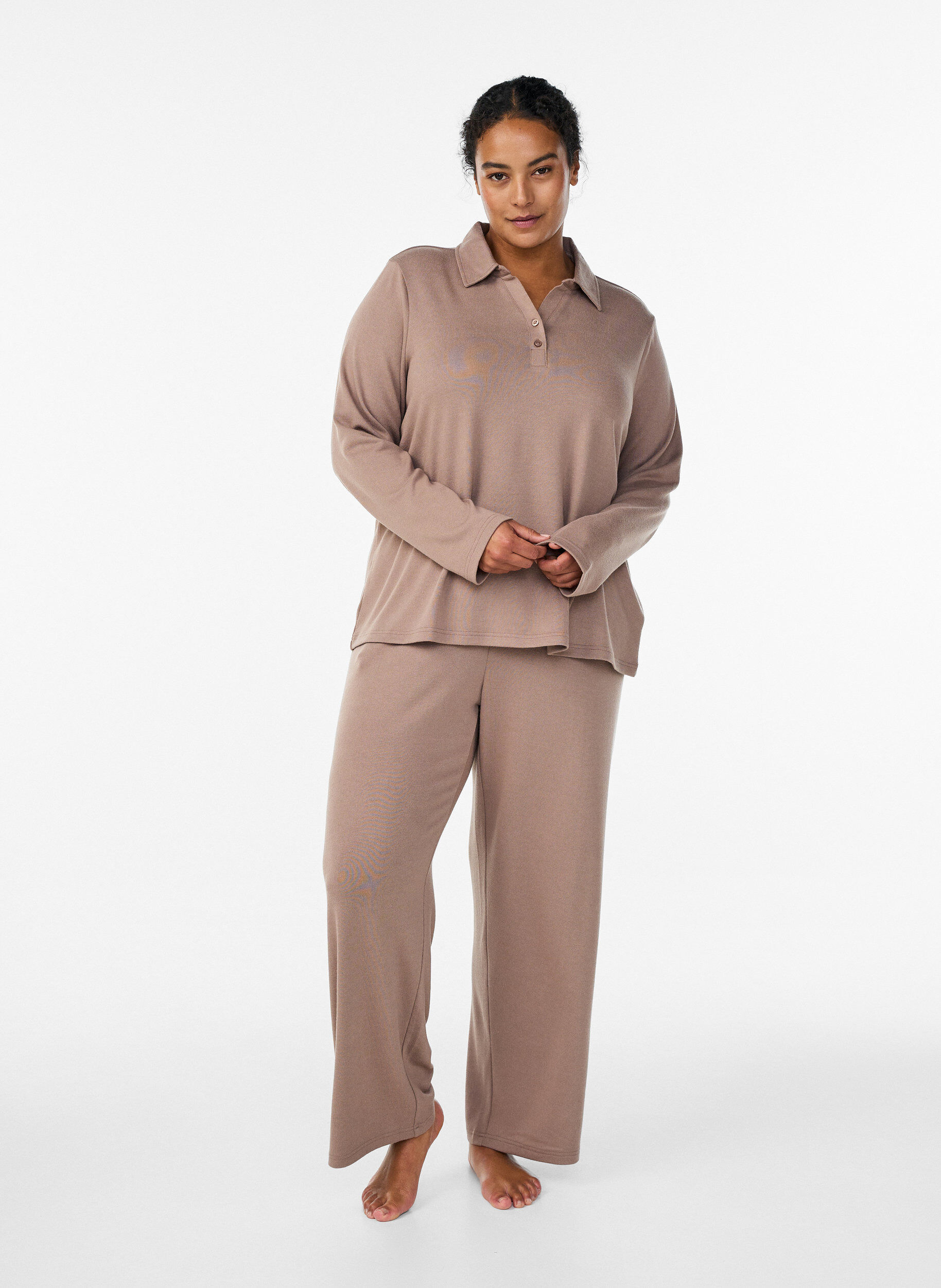 ZizziJerseyblouse met lange mouwen en kraag, Bruin, Model image number 1