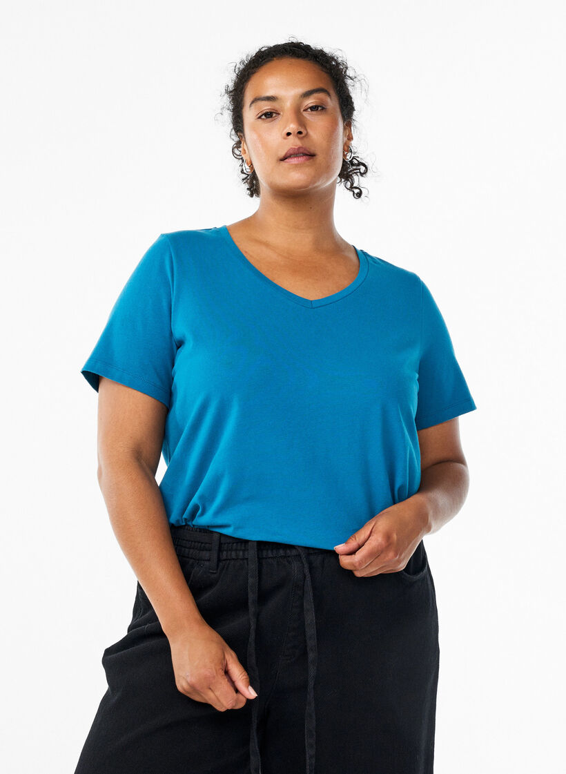 T-shirt basique en coton de couleur unie, Bleu p&eacute;trole, Model image number 0
