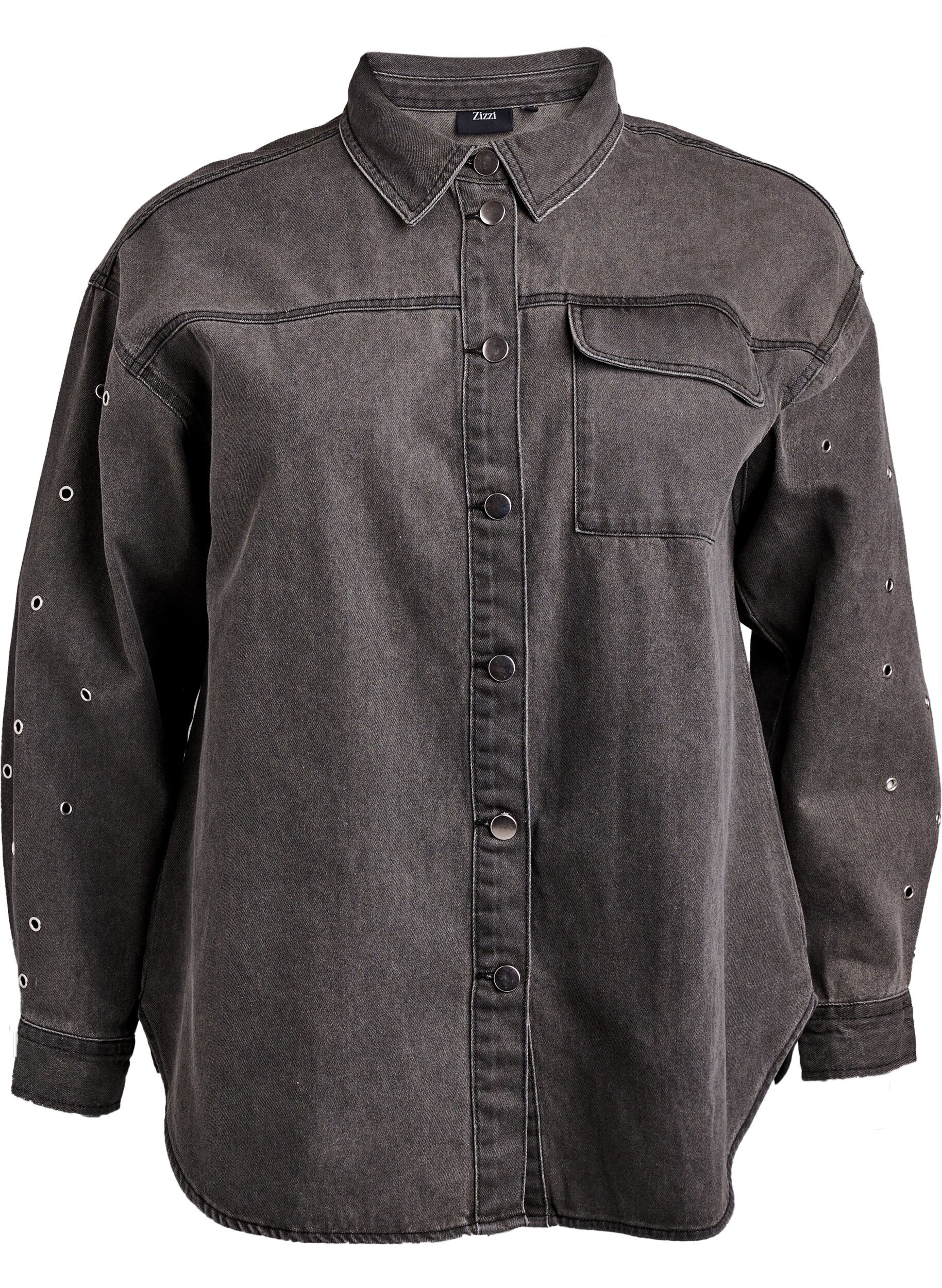 Zizzi Chemise en jean avec &oelig;illets sur les manches, Grey Denim, Packshot image number 0