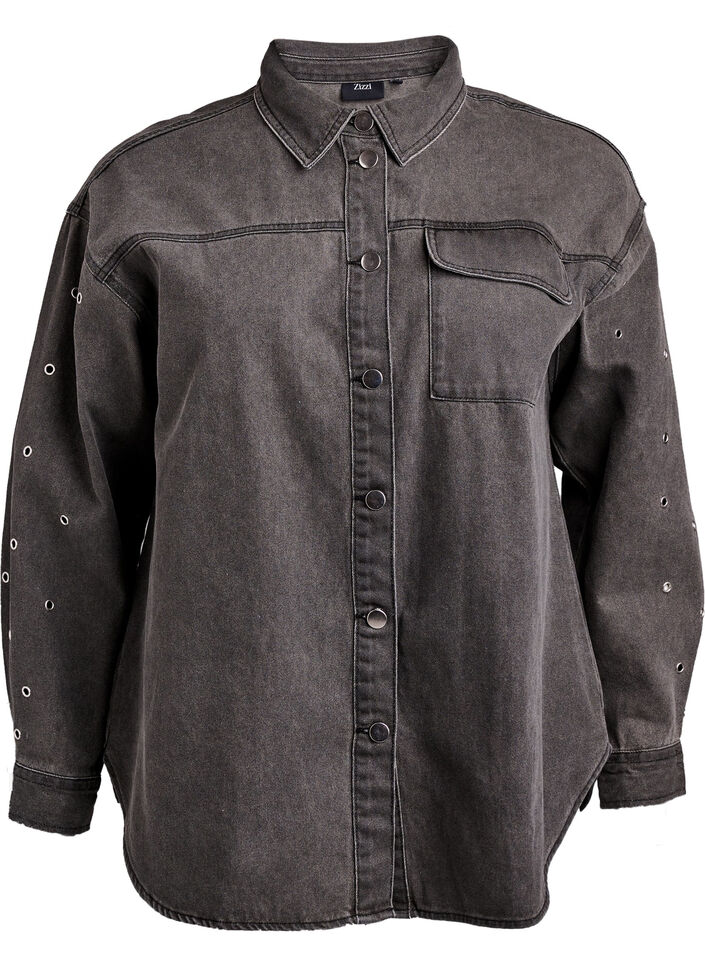 Denim shirt met oogjes op de mouwen, Grey Denim, Packshot image number 0