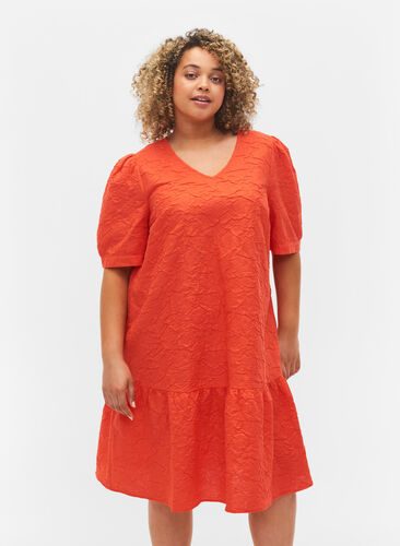 Gestructureerde jurk met korte pofmouwen, Mandarin Red, Model image number 0