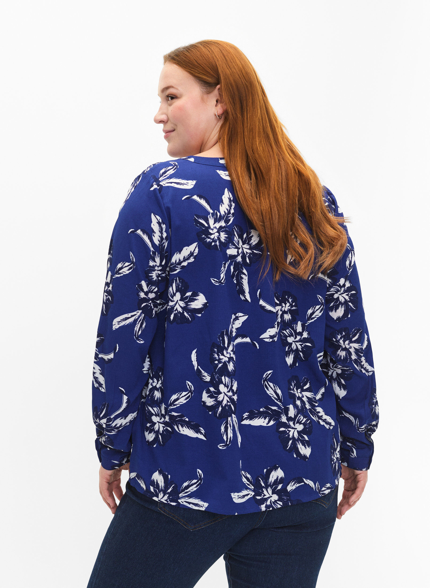 ZizziFLASH - Blouse met lange mouwen en print, Navy Blazer Flower, Model image number 1