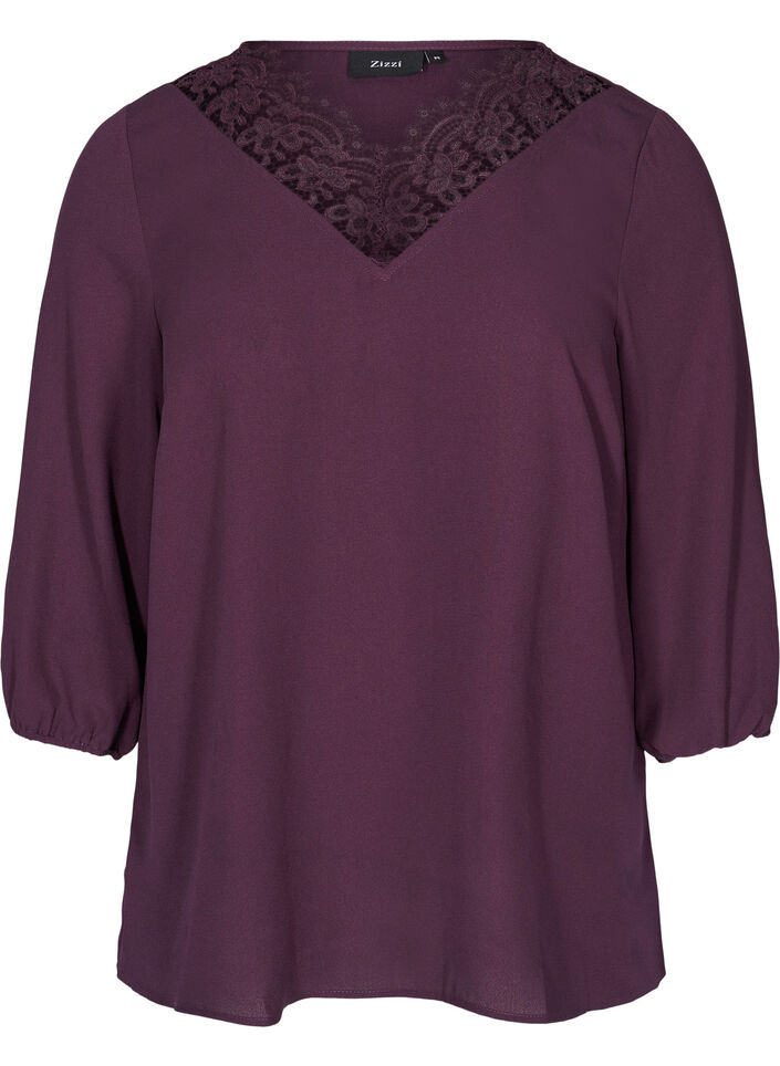Blouse unie avec dentelle et manches 3/4, Plum Perfect, Packshot image number 0
