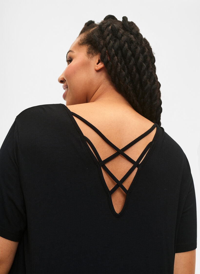 Viscose jurk met rugdetail en korte mouwen, Zwart, Model image number 3