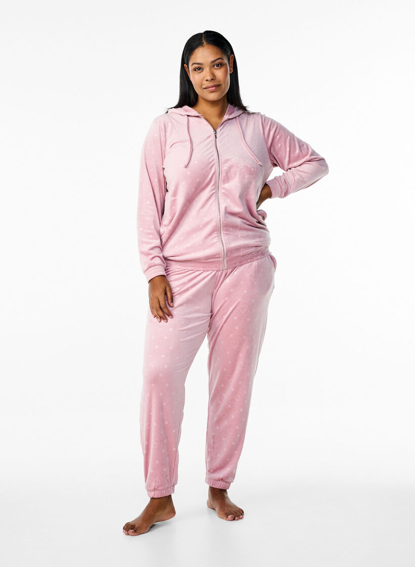 Velour cardigan met capuchon en zakken, Roze, Model image number 1