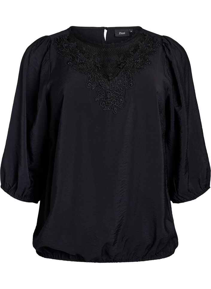 Blouse met 3/4 mouwen en kantdetails, Zwart, Packshot image number 0