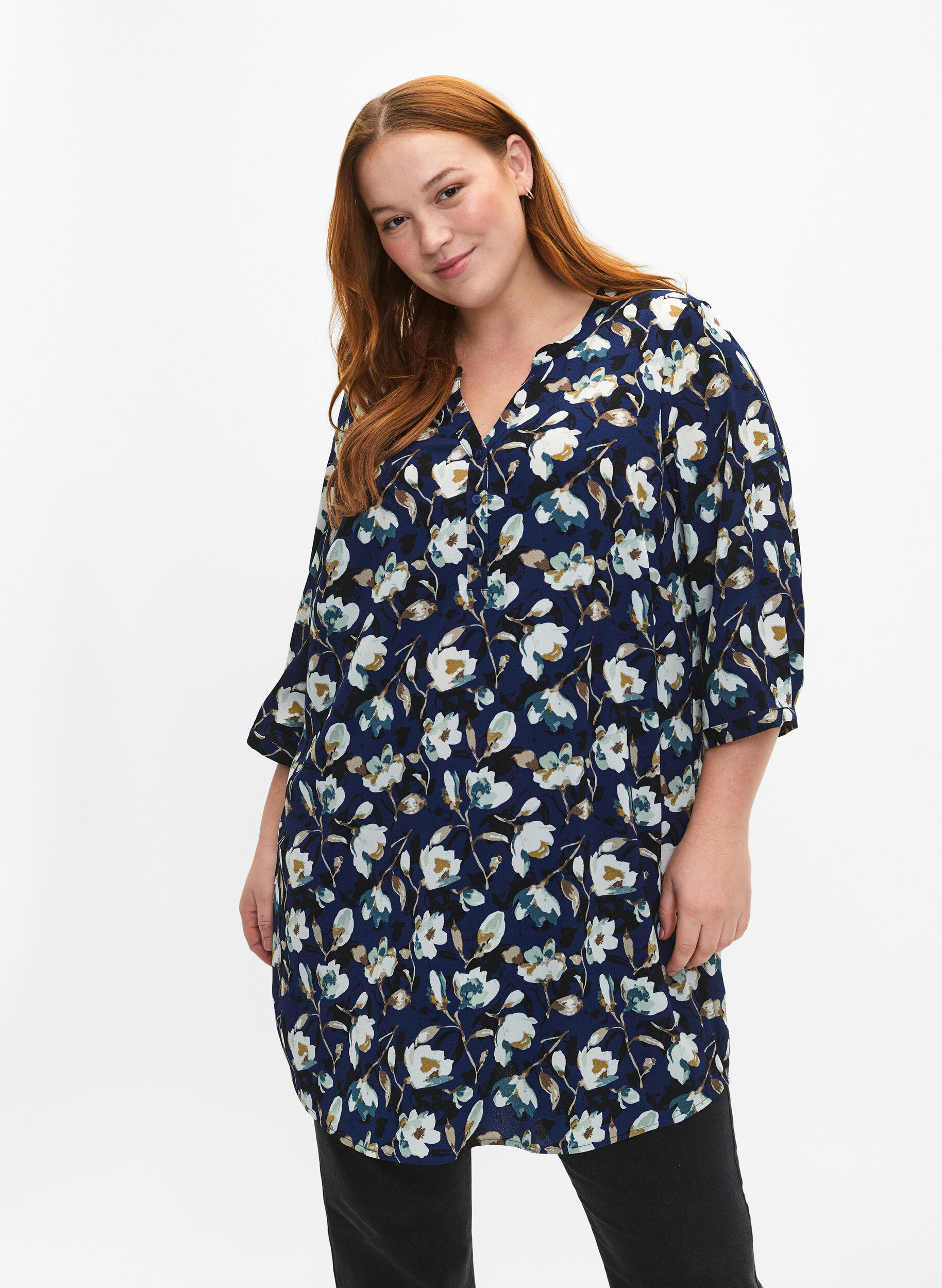 ZizziGebloemde tuniek met 3/4 mouwen, P. Blue Flower AOP, Model image number 0