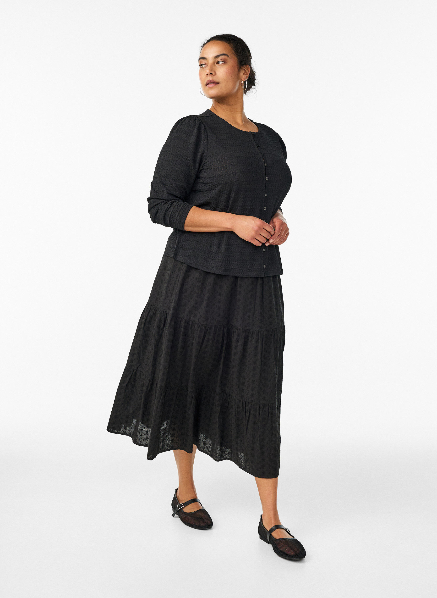 ZizziEnkellange katoenen rok met gesmokte taille, Zwart, Model image number 0