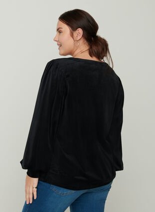 Velours blouse met lange pofmouwen, Black, Model image number 1