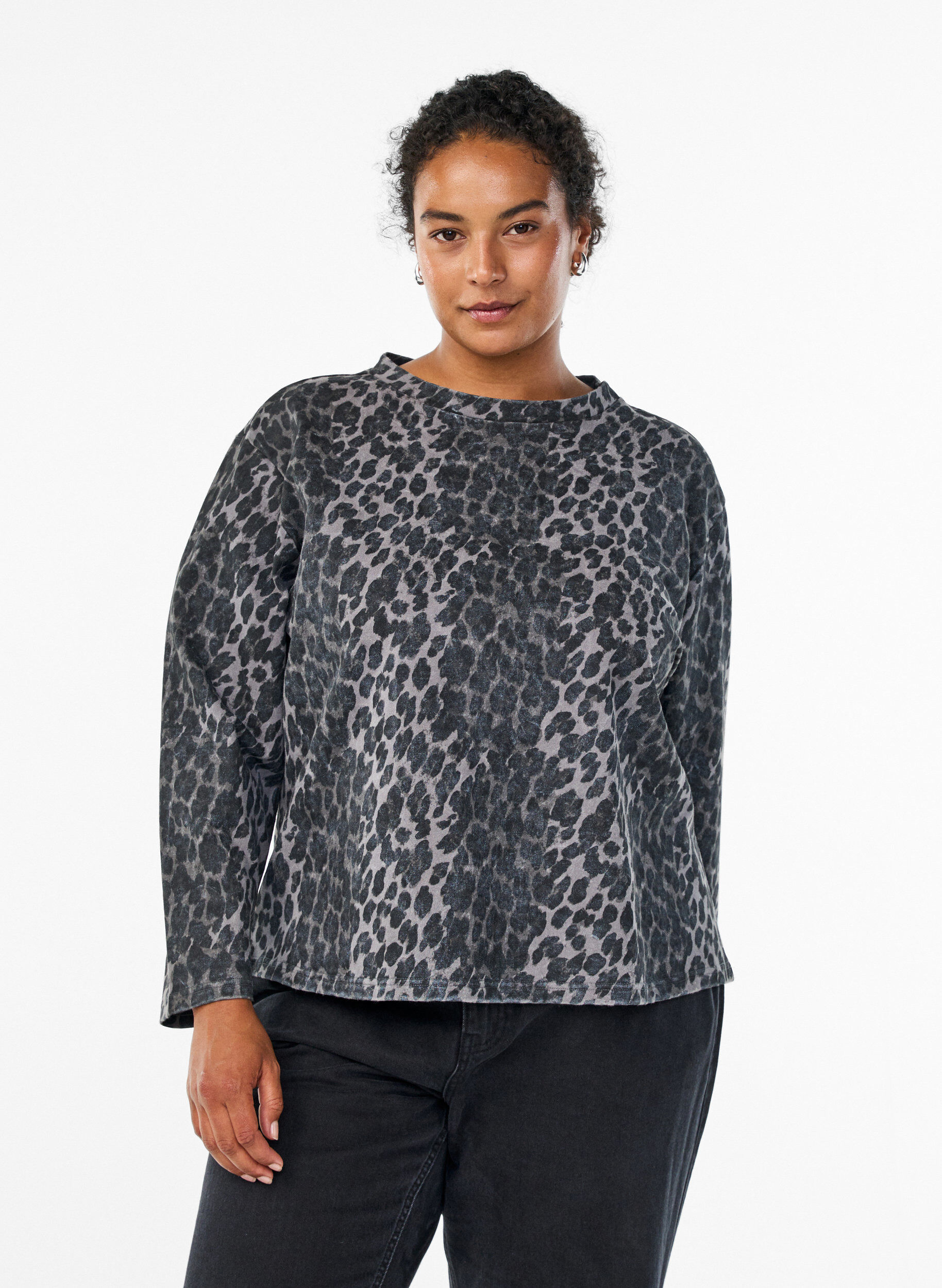 Gewassen sweatshirt met luipaardprint, Grijs, Model