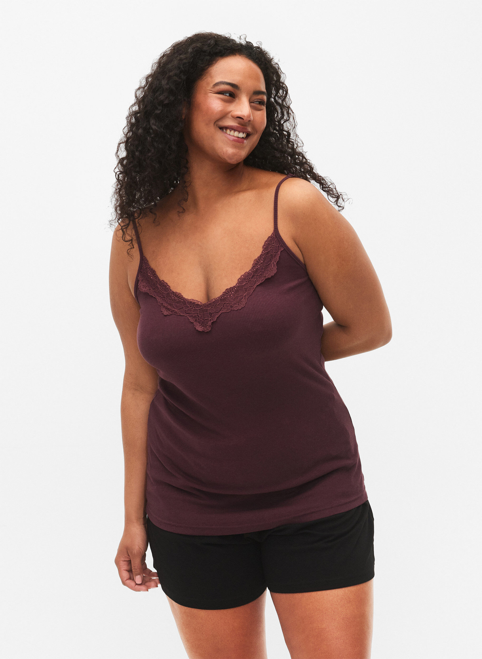 Zizzi 2-pack de hauts de nuit &agrave; c&ocirc;tes, Black/Fudge, Model image number 0