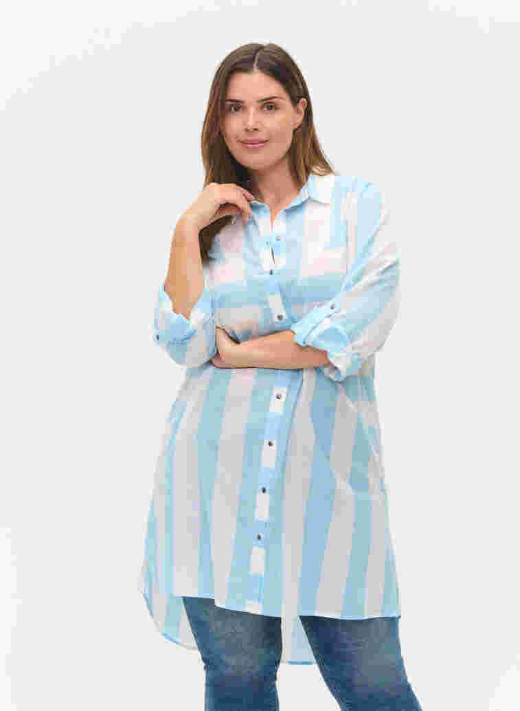 Chemise en coton rayée à manches 3/4, Blue Bell Stripe, Model