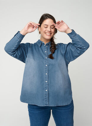 Denim blouse met pofmouwen, Blue denim, Model image number 2
